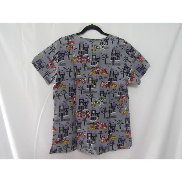 Disney Medical Scrub Top Medium Mickey & Friends Halloween Haunted House Print - Picture 2 of 7